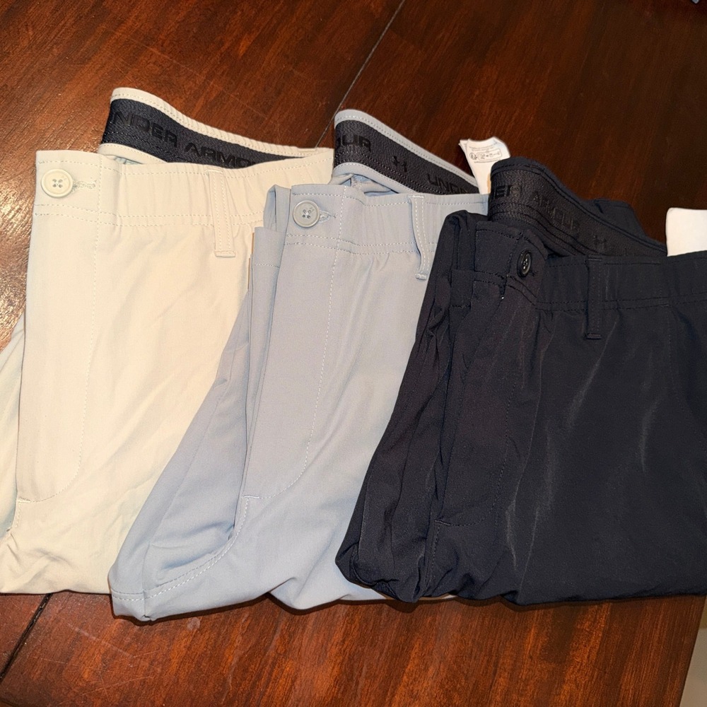3 pr Under Armour Mens Golf Pants 38x30 Tan‎ Navy Grey Straight Leg Perf Stretch